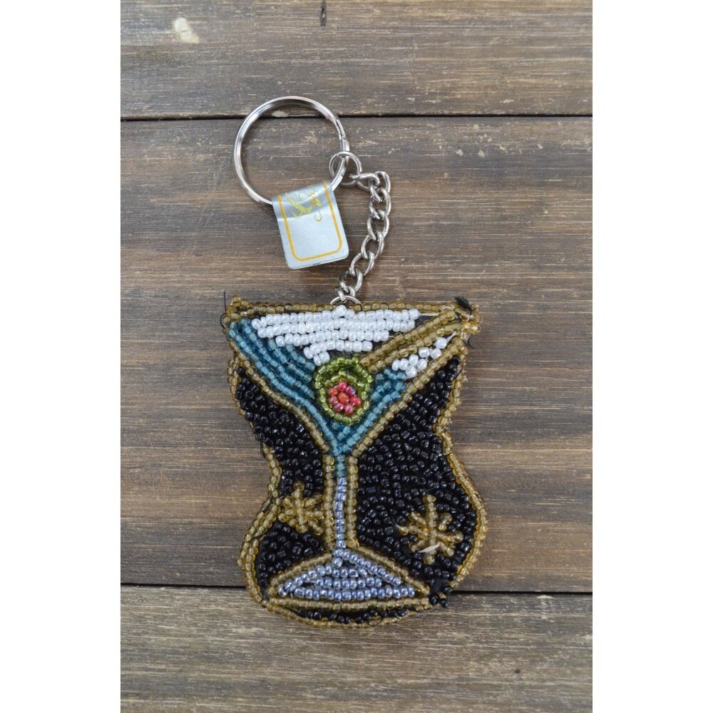 C. Marie Beaded Bag Tag Dirty Olive Blue Martini Weighted Keychain